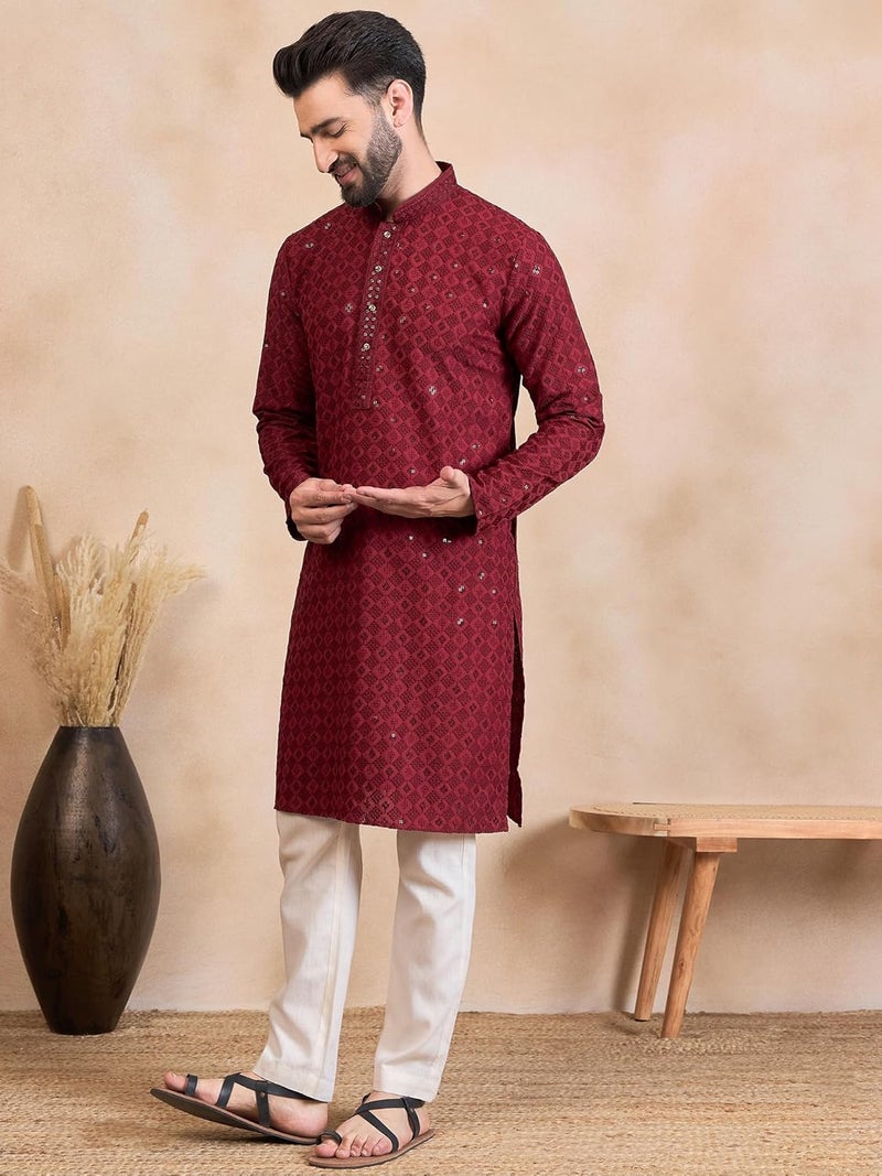 SWAGG INDIA كُرتا رجالي من مزيج الرايون بتصميم هندسي عادي | ملابس تقليدية مثالية للمناسبات العادية والاحتفالات - Image 2
