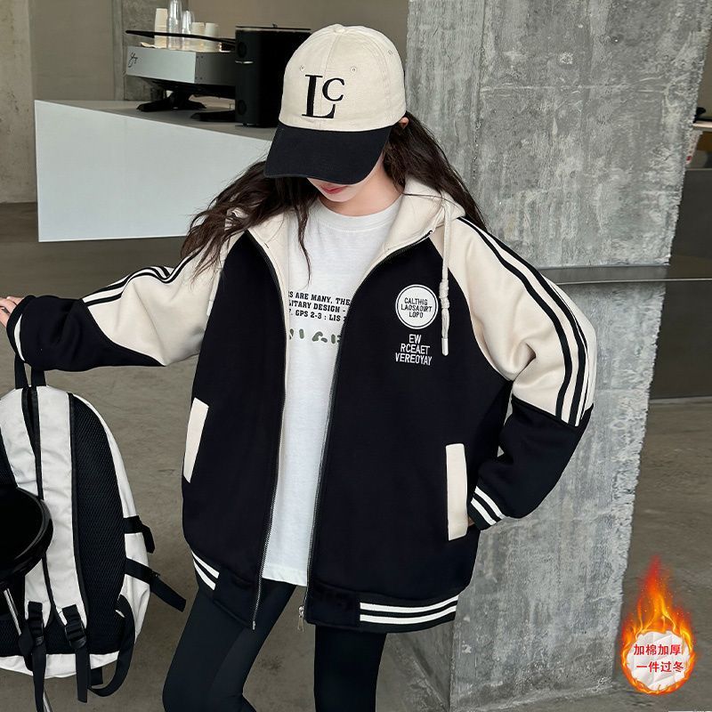 Girls Quilted Baseball Suit Coat Big Children Autumn New Color Matching All-Match Sports Style Hooded Coat Trendy - Image 1