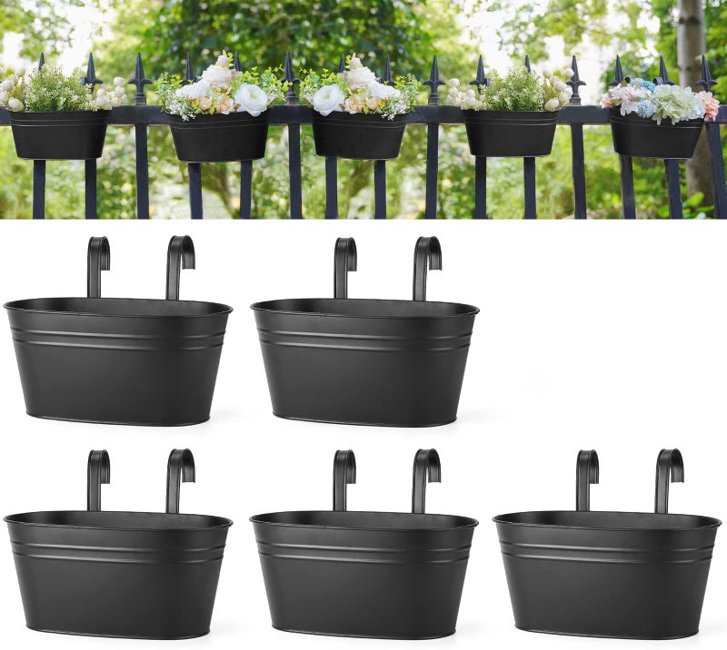 Dahey 105 Inch Metal Iron Hanging Flower Pots for Railing Fence Hanging Bucket Pots Countryside Style Window Flower Plant Holder with Detachable Hooks Home DecorBlack5 Pcs