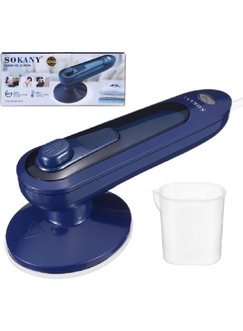 Sokany Electric Steam Iron, sized for travel, trips, and home use. It performs vertical and horizontal ironing and features a non-stick ceramic-coated soleplate. 30 watts, blue color - Sk-3070 - Image 1