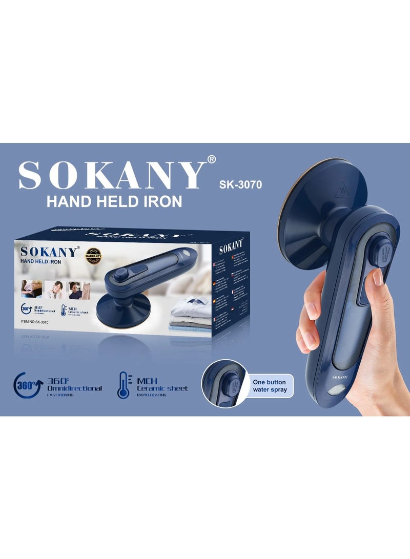 Sokany Electric Steam Iron, sized for travel, trips, and home use. It performs vertical and horizontal ironing and features a non-stick ceramic-coated soleplate. 30 watts, blue color - Sk-3070 - Image 2