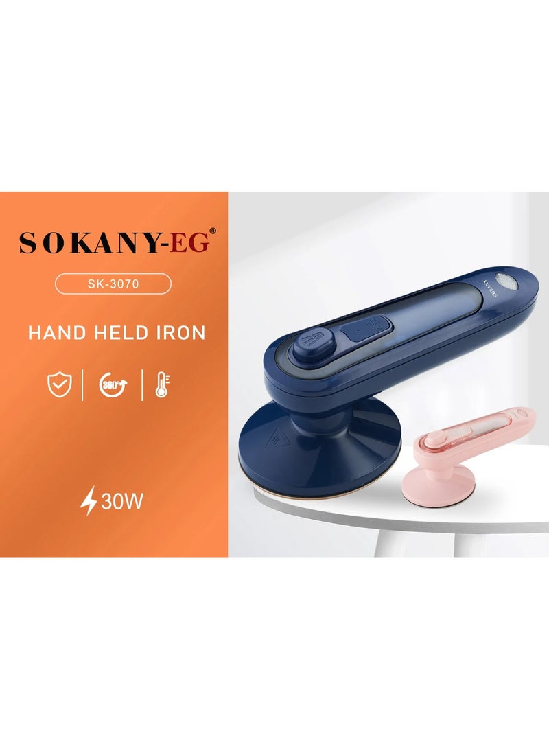 Sokany Electric Steam Iron, sized for travel, trips, and home use. It performs vertical and horizontal ironing and features a non-stick ceramic-coated soleplate. 30 watts, blue color - Sk-3070 - Image 3