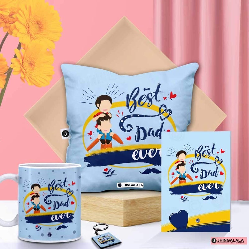 Jhingalala Jhingalala Best Dad Ever Printed Cushion Mug Key Chain Greeting Card Combo Gift Pack Gift for Father Gift for Father Birthday Gift for Papa Birthday Gift for Father Gift for Fathers Day