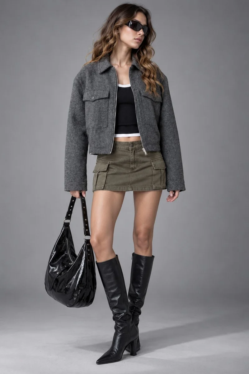 Hiccup Grey Textured Jacket with Pocket Detail for Women | Best Price UAE