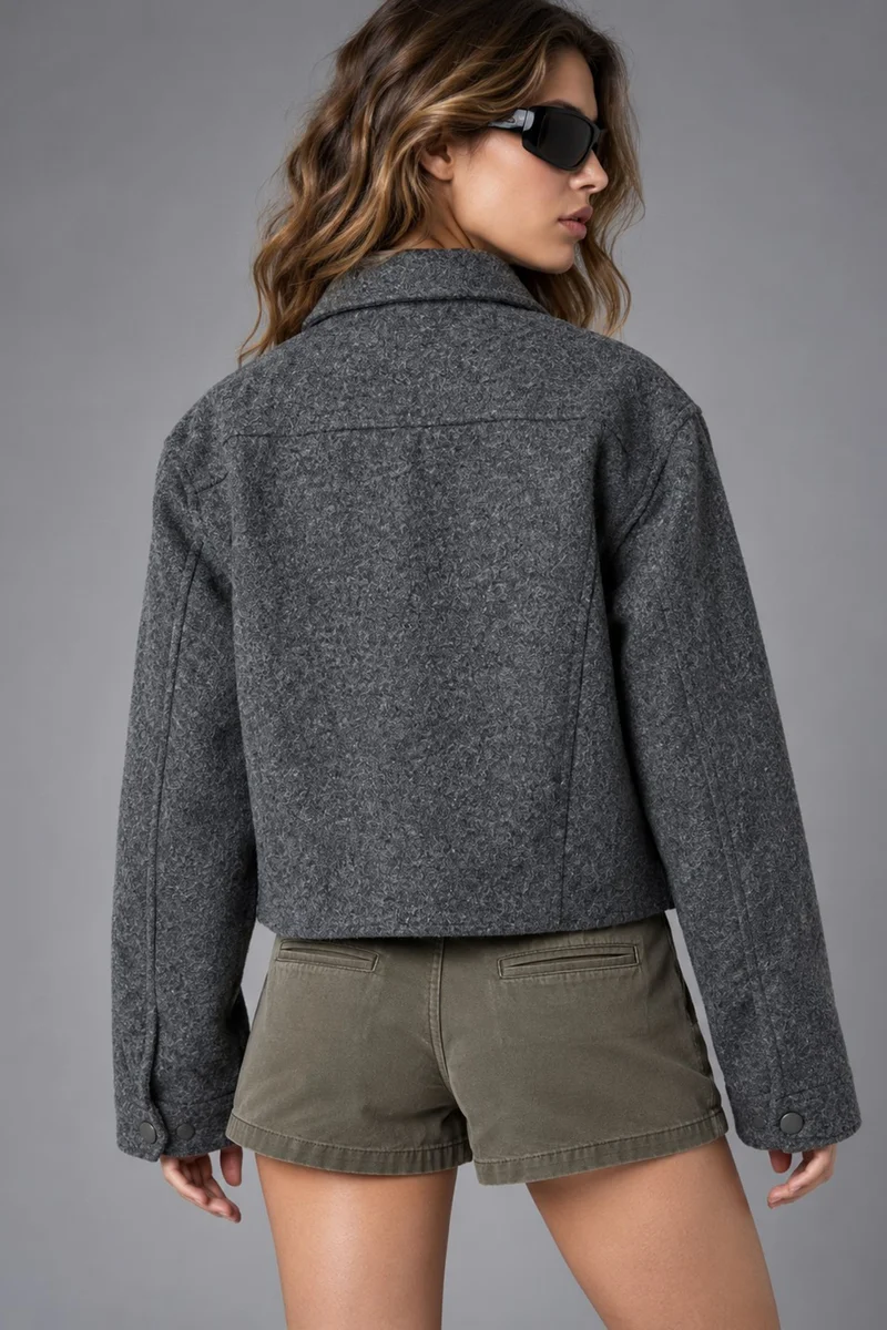 Hiccup Grey Textured Jacket with Pocket Detail for Women | Best Price UAE