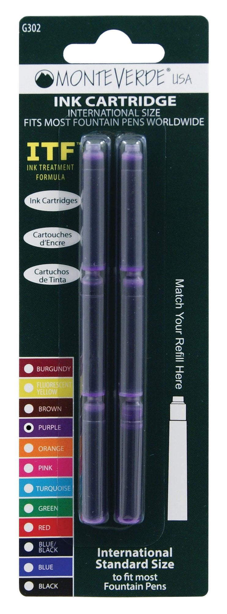 Monteverde International Size Cartridge to Fit Fountain Pens, Purple, 6 per Pack (G302PL) - Image 1