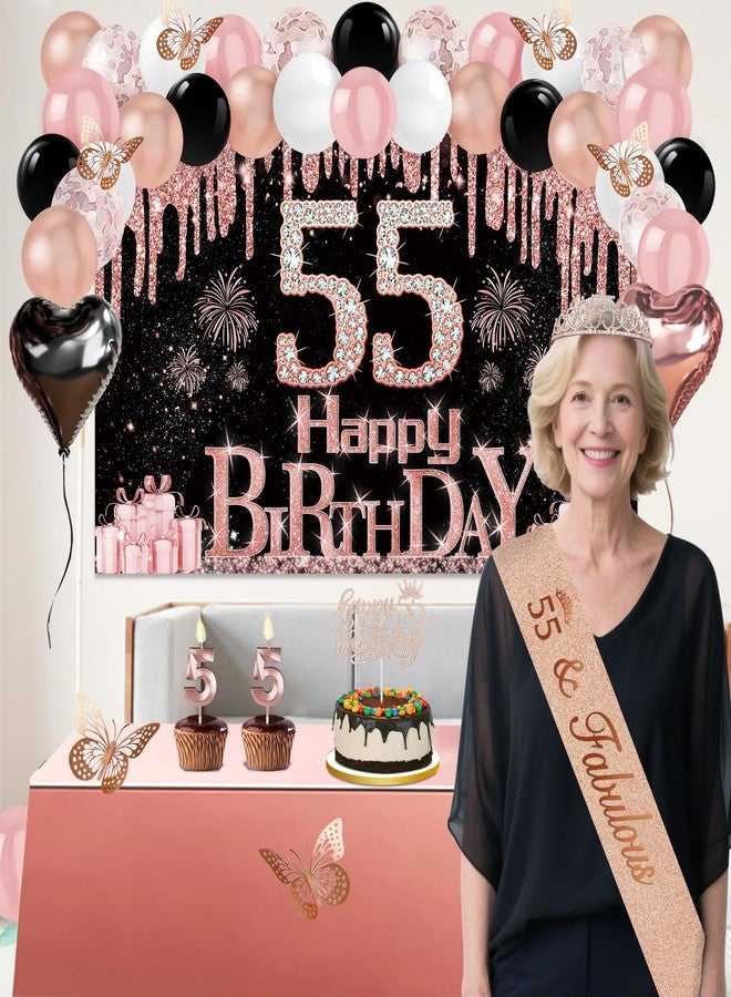 Juesly 55th Birthday Decorations for Women, 49pcs Black Rose Gold Black Happy 55th Birthday Banner, Tablecloth, Butterfly Decor, Sash and Tiara, Cake Topper, Candles, Balloons Arch - Image 2