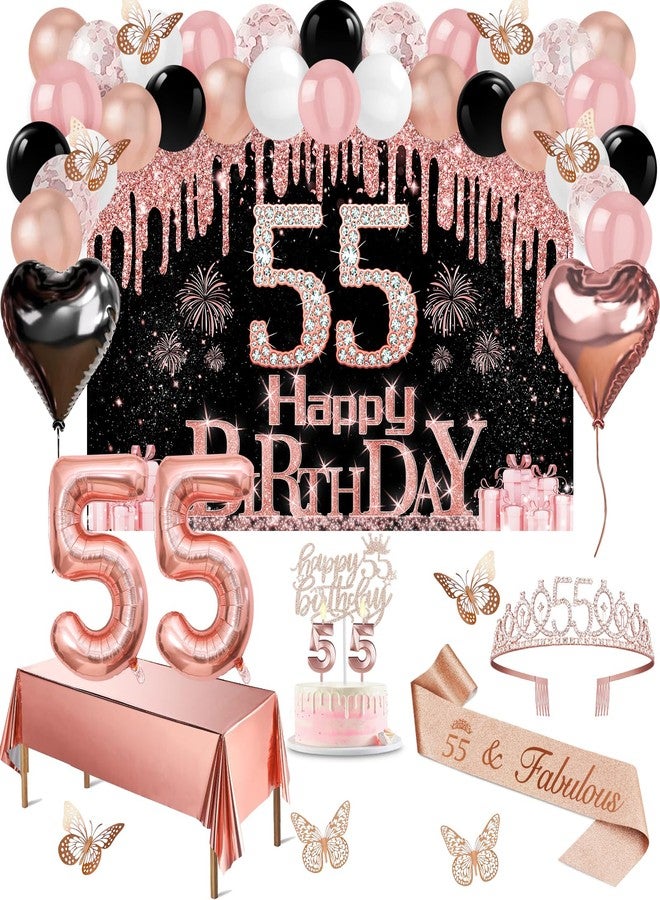 Juesly 55th Birthday Decorations for Women, 49pcs Black Rose Gold Black Happy 55th Birthday Banner, Tablecloth, Butterfly Decor, Sash and Tiara, Cake Topper, Candles, Balloons Arch - Image 1