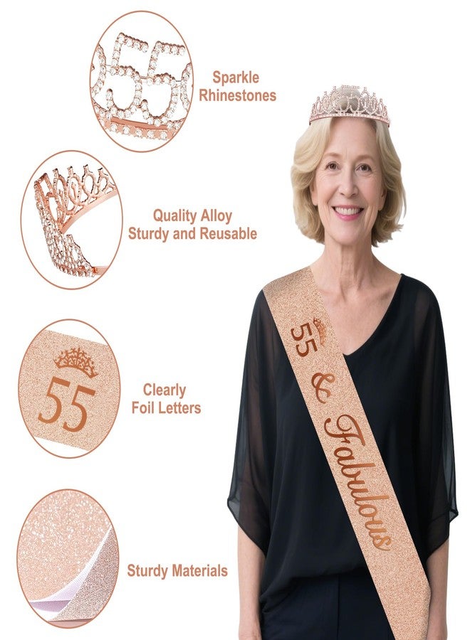 Juesly 55th Birthday Decorations for Women, 49pcs Black Rose Gold Black Happy 55th Birthday Banner, Tablecloth, Butterfly Decor, Sash and Tiara, Cake Topper, Candles, Balloons Arch - Image 4