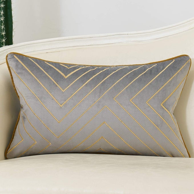 12 x 20 Inch Grey Gold Striped Geometric Lines Embroidery Velvet Cushion Case Luxury Modern Lumbar Throw Pillow Cover Decorative Pillow for Couch Living Room Bedroom Car 30 x 50cm