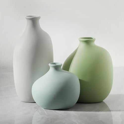 Enra Ceramic Vase Set of 3 Small Rustic Farmhouse Pottery Vases for Home Decor Perfect for Pampas Grass Ideal for Living Room Bedroom Kitchen Bathroom Bookshelf Table Centerpiece - Image 1
