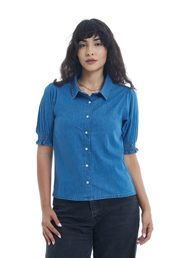 اشاراي بلوزة جينز نسائية بأكمام قصيرة وأزرار