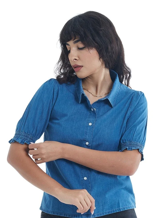 Asharae  Women's Short Sleeve Button Down Denim Top Comfortable Material, Breathable Daily Wear, Casual Fashion Outfit, Special Occasion Outfit, Trendy & Chic Apparel for Women | Best Price UAE