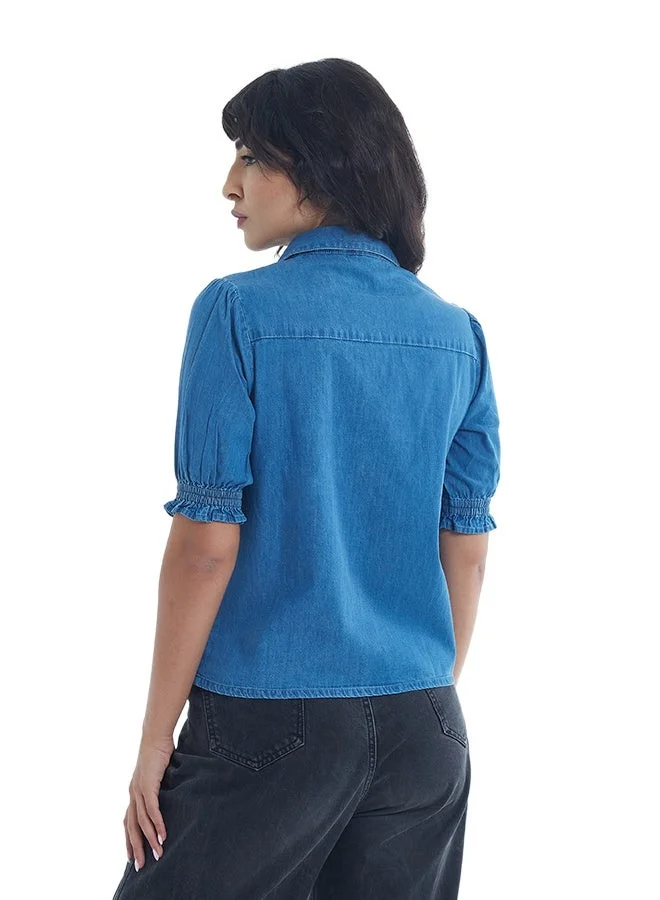 Asharae  Women's Short Sleeve Button Down Denim Top Comfortable Material, Breathable Daily Wear, Casual Fashion Outfit, Special Occasion Outfit, Trendy & Chic Apparel for Women | Best Price UAE