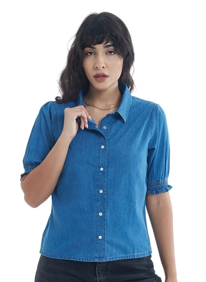 Asharae  Women's Short Sleeve Button Down Denim Top Comfortable Material, Breathable Daily Wear, Casual Fashion Outfit, Special Occasion Outfit, Trendy & Chic Apparel for Women | Best Price UAE