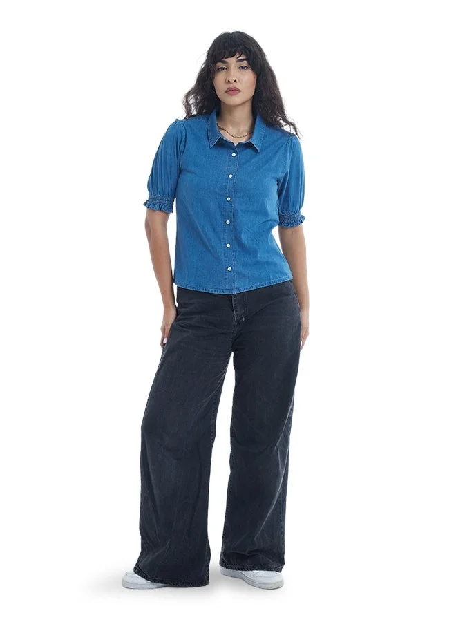 Asharae  Women's Short Sleeve Button Down Denim Top Comfortable Material, Breathable Daily Wear, Casual Fashion Outfit, Special Occasion Outfit, Trendy & Chic Apparel for Women | Best Price UAE