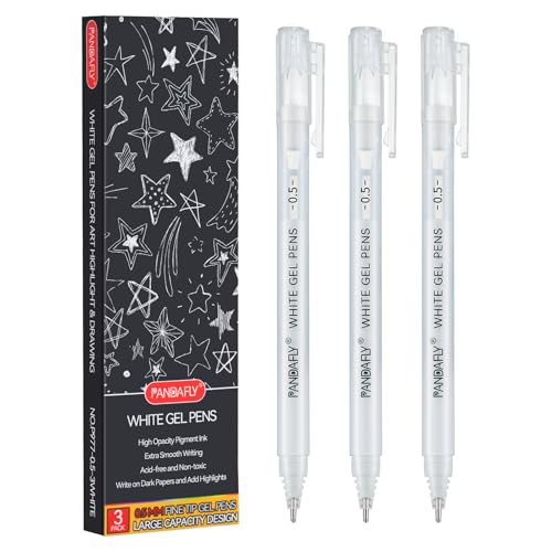 PANDAFLY أقلام جيل باندا فلاي البيضاء، 0.5 مم نقطة دقيقة غير شفافة، قلم حبر أرشيفي لتدوين الملاحظات، الفن، أو الرسم - هدايا للفنانين، هدايا العطلات ومشاريع DIY، عبوة 3 أقلام - Image 1