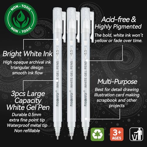 PANDAFLY أقلام جيل باندا فلاي البيضاء، 0.5 مم نقطة دقيقة غير شفافة، قلم حبر أرشيفي لتدوين الملاحظات، الفن، أو الرسم - هدايا للفنانين، هدايا العطلات ومشاريع DIY، عبوة 3 أقلام - Image 3
