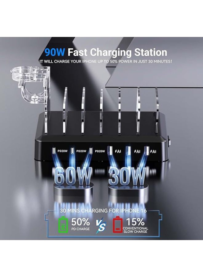 The Multi-port Wireless Charger Is Suitable For Apple Samsung Mobile Phone Tablet Watch Headset Six-in-one Wireless Charger-Color:Black  - Image 3