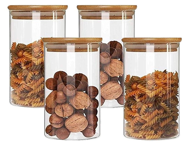 LARYNX 1000ML Glass Jars with Wooden Lids For Kitchen Storage Borosilicate Glass Food Storage Containers Airtight glass jar for Tea Coffee Spice Candy Round 1000ml Pack of 4 - Image 1