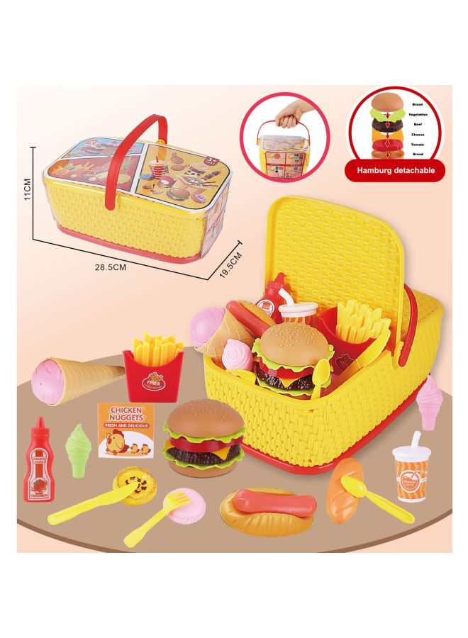 Children's Pretend Play Kitchen Simulation Hamburger Dessert Fruit And Vegetable Pizza Cutting Fun Storage Tote Basket Toy Set