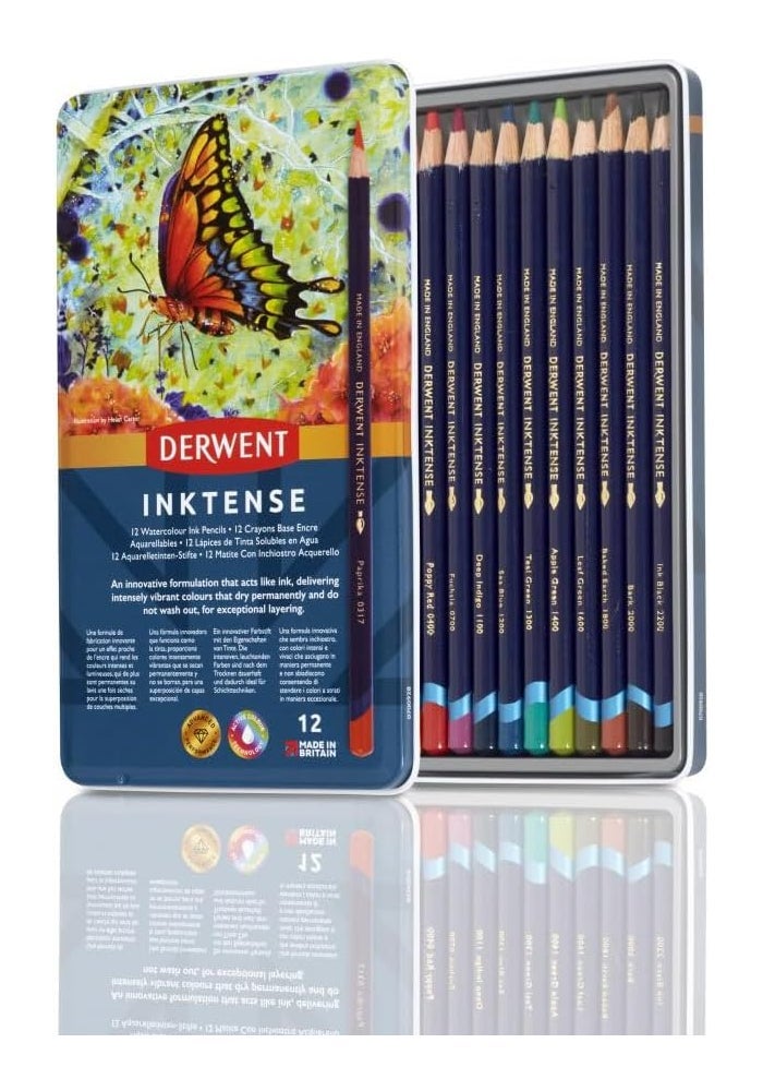 Derwent INKTENSE Colored Pencil Set - 12 Watercolor Ink Pencils in Metal Tin - Image 1