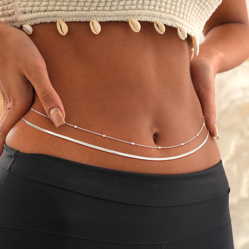 CHESKY Silver Waist Chain for Women, Layered Belly Belt Chains Beach Waist Beads Chain Waterproof Herringbone Snake Body Chain Summer Jewelry Accessories for Women - Image 3