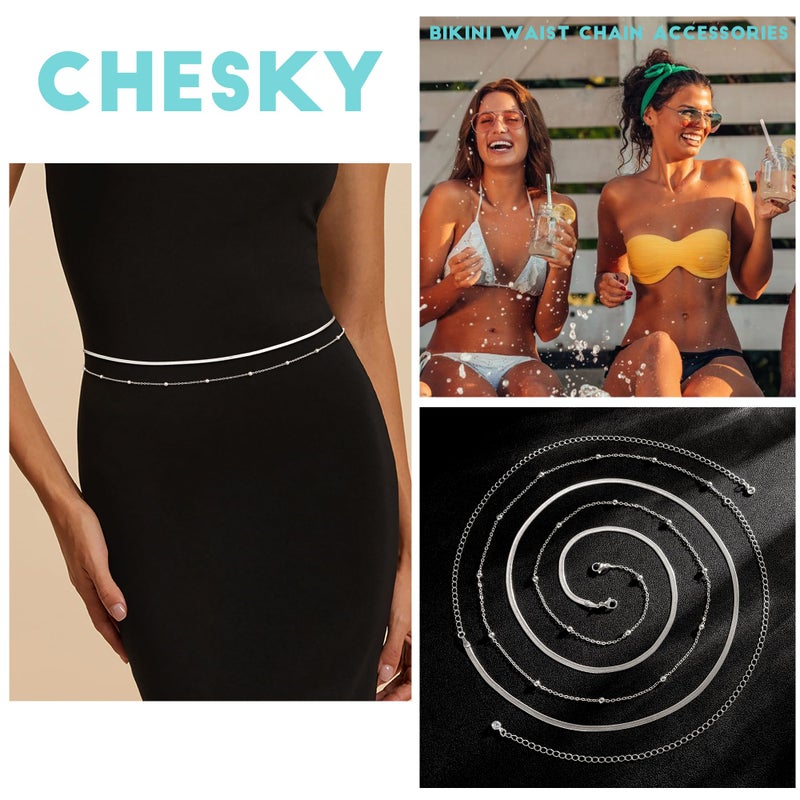 CHESKY Silver Waist Chain for Women, Layered Belly Belt Chains Beach Waist Beads Chain Waterproof Herringbone Snake Body Chain Summer Jewelry Accessories for Women - Image 5