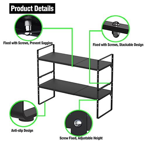 LOCVCDA Expandable Kitchen Cabinet Storage Shelf, Stackable Metal Pantry Storage Shelves Organizer, Adjustable Height Counter Spice Rack for Kitchen Cabinet, Countertop, Pantry and Office - Image 3