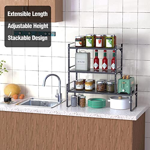 LOCVCDA Expandable Kitchen Cabinet Storage Shelf, Stackable Metal Pantry Storage Shelves Organizer, Adjustable Height Counter Spice Rack for Kitchen Cabinet, Countertop, Pantry and Office - Image 4