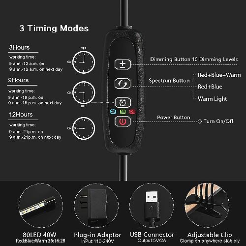 LEOTER Grow Light for Indoor Plants - Upgraded Version 80 LED Lamps with Full Spectrum & Red Blue Spectrum, 3/9/12H Timer, 10 Dimmable Level, Adjustable Gooseneck,3 Switch Modes - Image 5