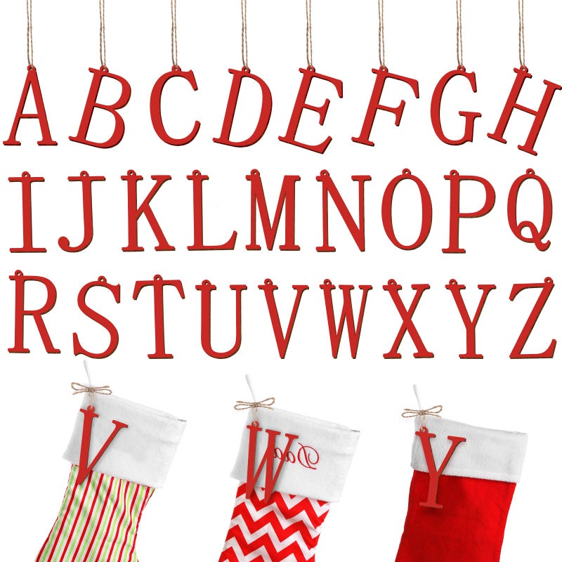 Jetec 26 Pieces Christmas Stocking Tags Letter Cutout Initial Ornaments Personalized Farmhouse Hanging Name Tags for Christmas Rustic DecorRedWood - Image 2