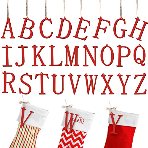 Jetec 26 Pieces Christmas Stocking Tags Letter Cutout Initial Ornaments Personalized Farmhouse Hanging Name Tags for Christmas Rustic DecorRedWood - Image 1