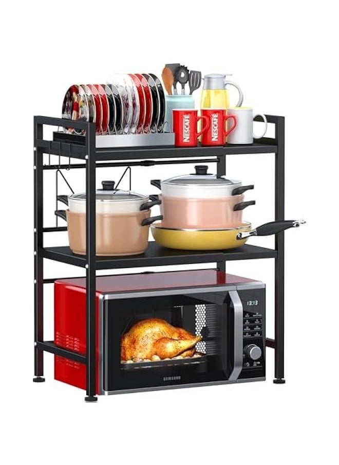 TRASSLE Extendable Microwave Oven Rack, Adjustable Microwave/Toaster Shelf Heavy Duty Stand Kitchen Counter Top Organizer,3 Tier with 6 Hooks,Black  - Image 1