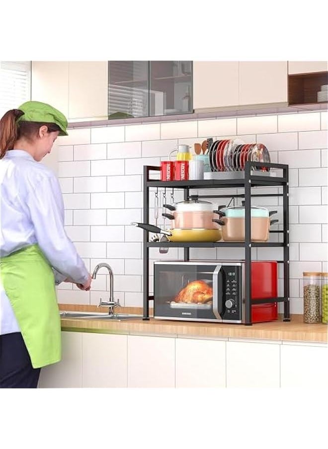 TRASSLE Extendable Microwave Oven Rack, Adjustable Microwave/Toaster Shelf Heavy Duty Stand Kitchen Counter Top Organizer,3 Tier with 6 Hooks,Black  - Image 5