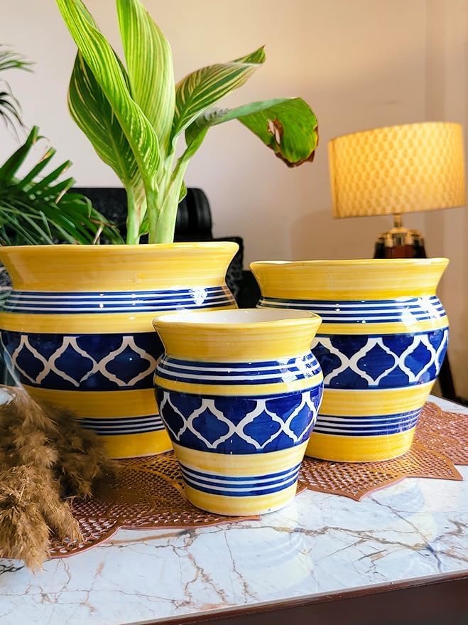 Niyara Stylish Ceramic Pots Planters for Indoor Plants,Succulent,Outdoor,Balcony,Home,Garden,Office (Set of 3) Size -Large 9 inches 7 inches & 5 inches (Moroccan Yellow & Blue Set 3) - Image 2