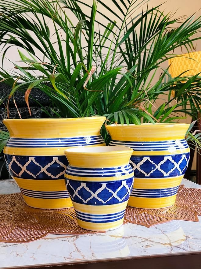 Niyara Stylish Ceramic Pots Planters for Indoor Plants,Succulent,Outdoor,Balcony,Home,Garden,Office (Set of 3) Size -Large 9 inches 7 inches & 5 inches (Moroccan Yellow & Blue Set 3) - Image 1