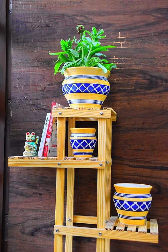 Niyara Stylish Ceramic Pots Planters for Indoor Plants,Succulent,Outdoor,Balcony,Home,Garden,Office (Set of 3) Size -Large 9 inches 7 inches & 5 inches (Moroccan Yellow & Blue Set 3) - Image 4