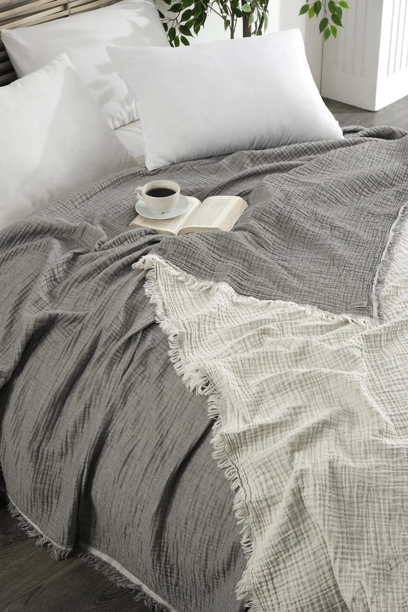Zeypba 3 Layer Muslin Double Bedspread Double Sided Anthracite-Ecru Tasseled Muslin