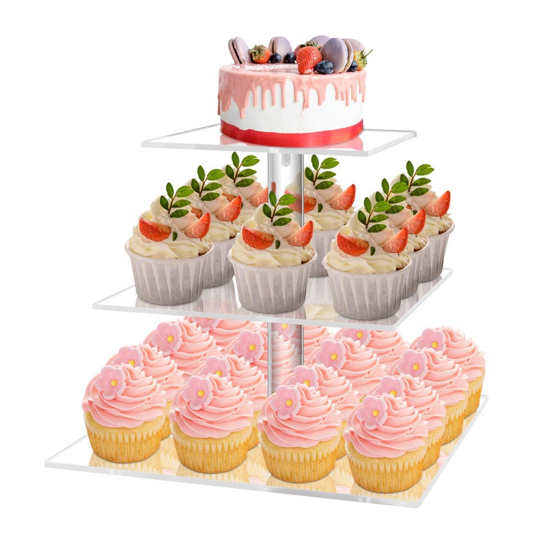 YestBuy 3 Tier Cupcake Stand Clear Cupcake Display Stand Acrylic Cupcake Tower for 24 Cupcakes Premium Cupcake Dessert Muffin Holder for Pastry Wedding Birthday Party Baby Shower