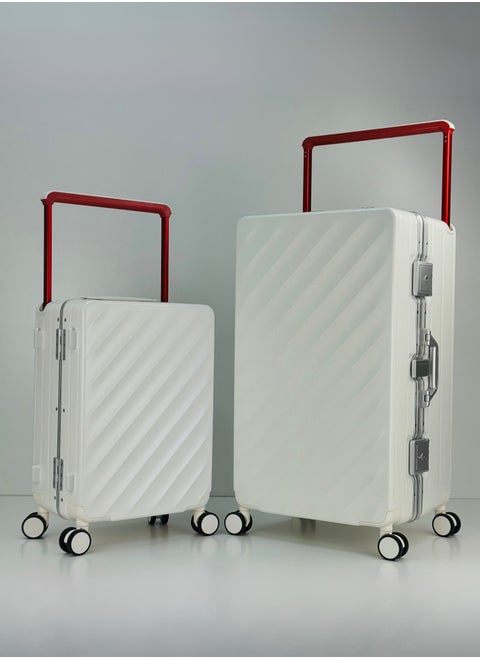 Light Weight Wide Handle Aluminum Frame Fashion Trolley Luggage Set of 2-piece Unbreakable Polypropylene and Polycarbonate Strong Hard Suit Case with Dual Strong TSA approved lock and 4 Quite 360° Double wheels and Original 100% Aluminum Frame with free protection Cover (Carry-on Luggage and Checked Luggage 20-Inch/28-Inch) - WHITE