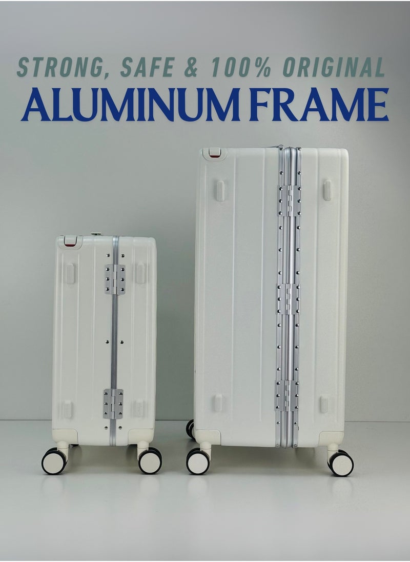 Light Weight Wide Handle Aluminum Frame Fashion Trolley Luggage Set of 2-piece Unbreakable Polypropylene and Polycarbonate Strong Hard Suit Case with Dual Strong TSA approved lock and 4 Quite 360° Double wheels and Original 100% Aluminum Frame with free protection Cover (Carry-on Luggage and Checked Luggage 20-Inch/28-Inch) - WHITE