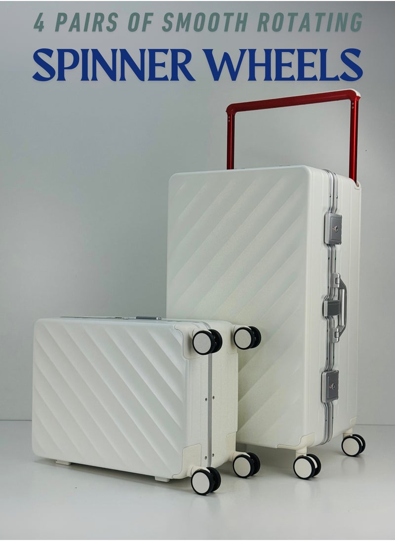 Light Weight Wide Handle Aluminum Frame Fashion Trolley Luggage Set of 2-piece Unbreakable Polypropylene and Polycarbonate Strong Hard Suit Case with Dual Strong TSA approved lock and 4 Quite 360° Double wheels and Original 100% Aluminum Frame with free protection Cover (Carry-on Luggage and Checked Luggage 20-Inch/28-Inch) - WHITE
