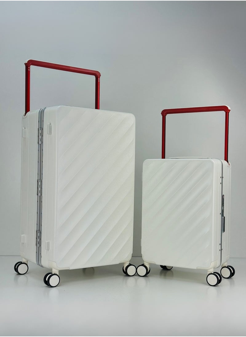 Light Weight Wide Handle Aluminum Frame Fashion Trolley Luggage Set of 2-piece Unbreakable Polypropylene and Polycarbonate Strong Hard Suit Case with Dual Strong TSA approved lock and 4 Quite 360° Double wheels and Original 100% Aluminum Frame with free protection Cover (Carry-on Luggage and Checked Luggage 20-Inch/28-Inch) - WHITE
