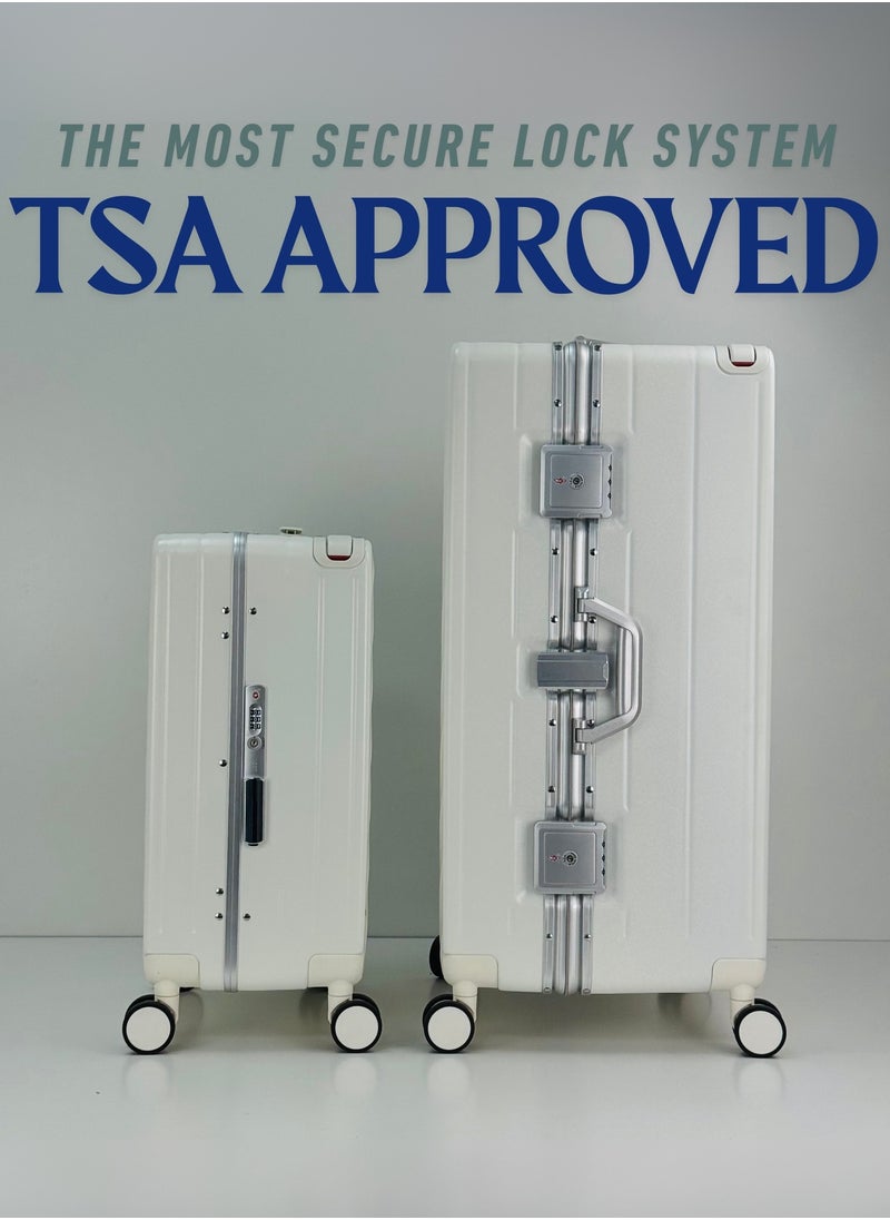 Light Weight Wide Handle Aluminum Frame Fashion Trolley Luggage Set of 2-piece Unbreakable Polypropylene and Polycarbonate Strong Hard Suit Case with Dual Strong TSA approved lock and 4 Quite 360° Double wheels and Original 100% Aluminum Frame with free protection Cover (Carry-on Luggage and Checked Luggage 20-Inch/28-Inch) - WHITE