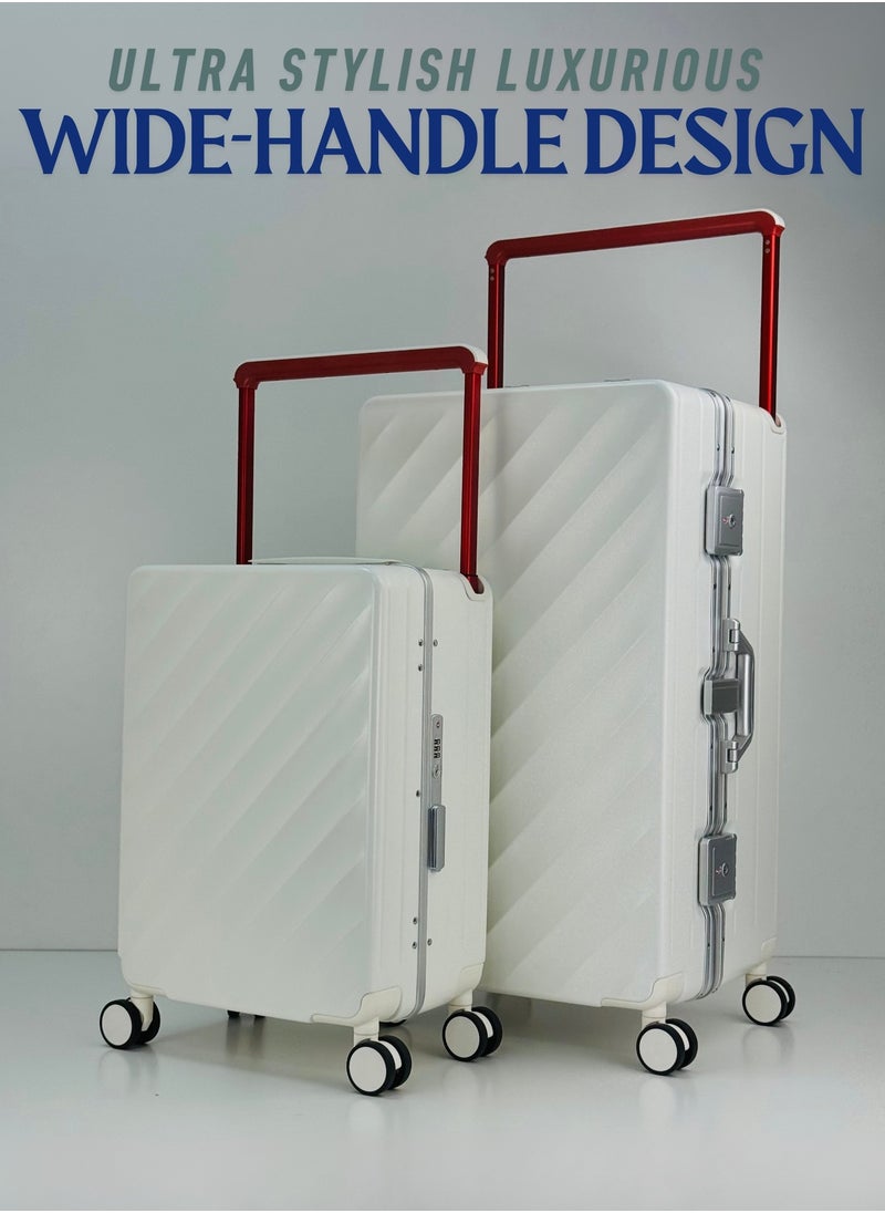 Light Weight Wide Handle Aluminum Frame Fashion Trolley Luggage Set of 2-piece Unbreakable Polypropylene and Polycarbonate Strong Hard Suit Case with Dual Strong TSA approved lock and 4 Quite 360° Double wheels and Original 100% Aluminum Frame with free protection Cover (Carry-on Luggage and Checked Luggage 20-Inch/28-Inch) - WHITE