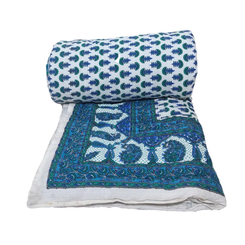 Gnudi Floral Prints Reversible Double Bed Cotton Quilt Jaipuri Razai Double Bed for Heavy Winter Blanket for Winter 85 x 100 inch Blue Double - Image 2