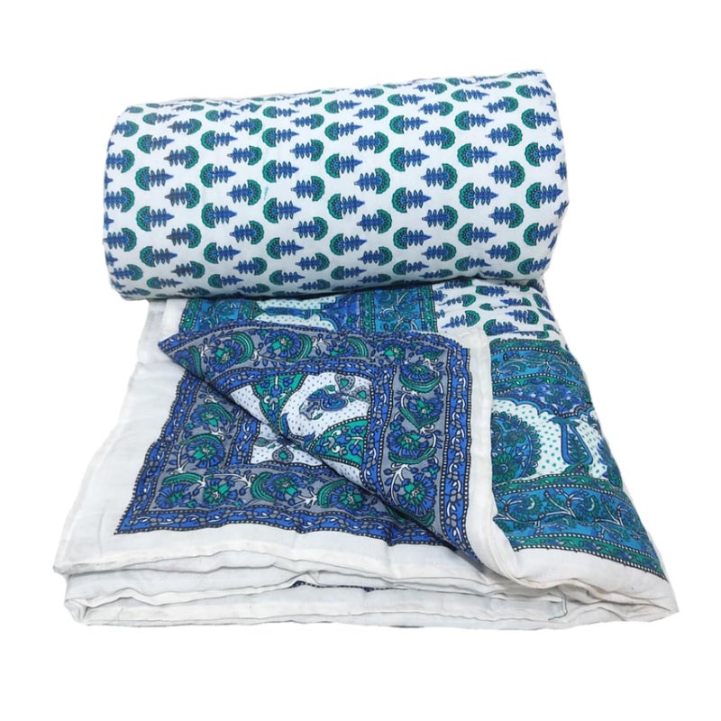 Gnudi Floral Prints Reversible Double Bed Cotton Quilt Jaipuri Razai Double Bed for Heavy Winter Blanket for Winter 85 x 100 inch Blue Double - Image 3