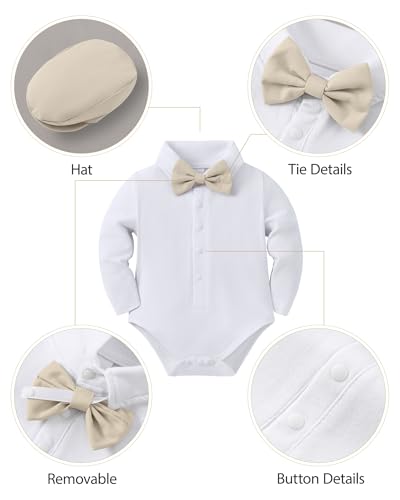 YUEMION Baby Boy Clothes Wedding Outfit Infant Tuxedo Gentleman Suits Dress Shirt Beret Hat Suspender Pants Bowtie Beige 36 Months - Image 3