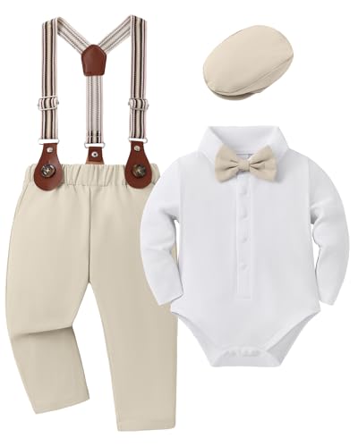 YUEMION Baby Boy Clothes Wedding Outfit Infant Tuxedo Gentleman Suits Dress Shirt Beret Hat Suspender Pants Bowtie Beige 36 Months - Image 1